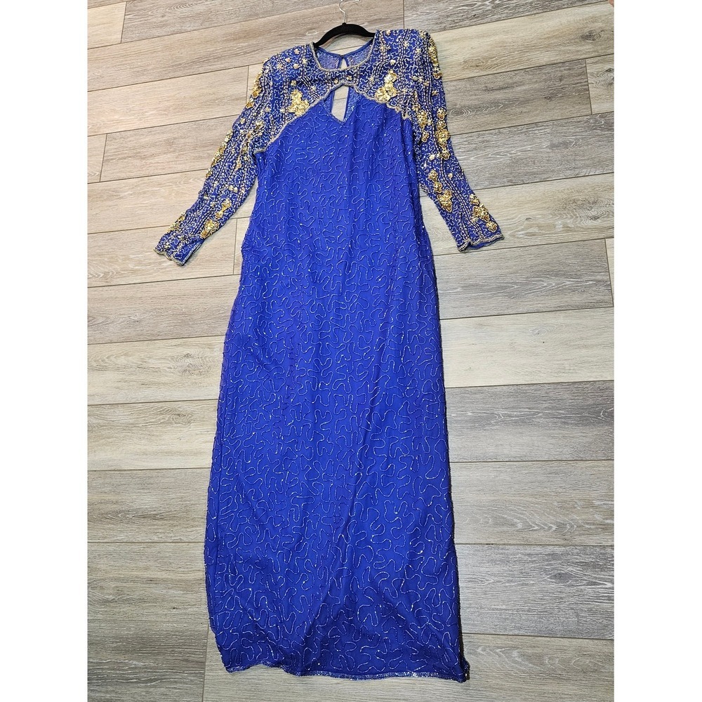 Laurence Kazar Vintage Royal Blue Maxi Dress with Gold Embellished Yoke
